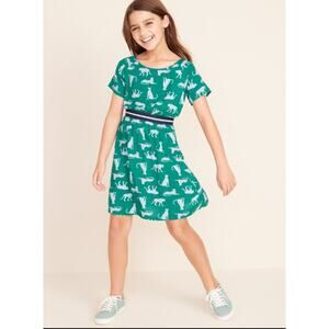 🔥 Old Navy Leopard Green Dress Girl's Size Small 6 100% Rayon Short Sleeves